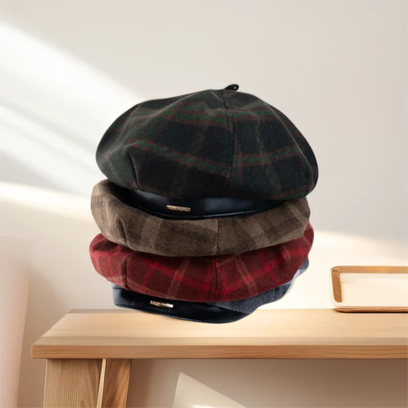 🍒Retro plaid beret hat women's autumn winter casual french hat simple woolen fashion check design cap 'Beret Warm