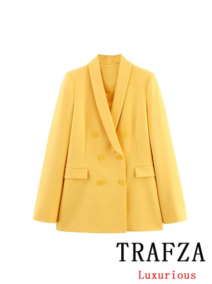 🍒ladies office trouser suit yellow colour solid set v double breasted  jacket with pockets blazer + flared loose pants vintage suits women                                        CAN this v -ARY quick