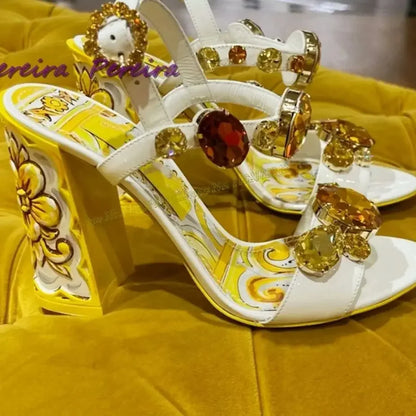 🍒Womens gem stone sandals classic colourful heels crystal open toe shoe chunky heel buckle strap high heels flower shoes designer footwear for women dress party shoes Gem Of A Shoe