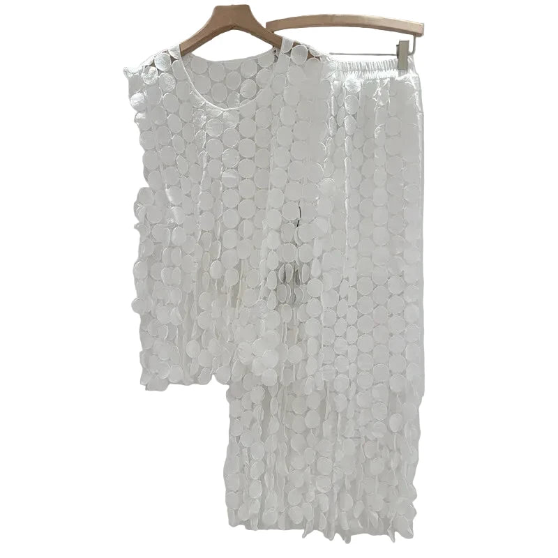 🍒Summer two-pieces set loose  lace vest and high waist elastic skirt smart casual women female occasion wear party outfit Get A Lot Dot