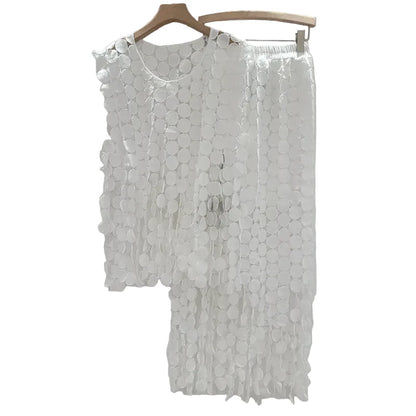 🍒Summer two-pieces set loose  lace vest and high waist elastic skirt smart casual women female occasion wear party outfit Get A Lot Dot