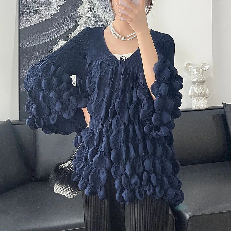 🍒泡泡袖褶皱上衣带褶皱系带上衣 V 领设计纯色宽松 T 恤时尚休闲服装 提升您的时尚品味