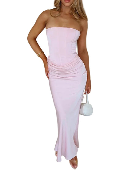 🍒Satin maxi dress womens fashion sleeveless shoulderless Lace-up back bodycon dress clubwear outfits long partywear gown feminine occasion wear Laced With Sugar