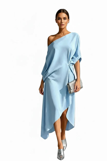 🍒Cold shoulder midi dress loose solid draped knot waist Irregular hem outfit for occasion holiday evening wear women elegant guest wear Pretty Perfect Pinched