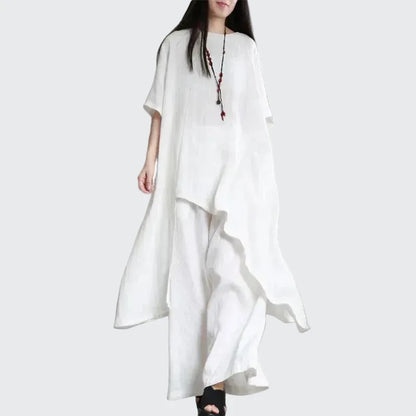 🍒Two-piece set for women shirts and pants outfit holiday cotton linen style wide leg trousers and asymetric top short sleeve blouse suit summer clothing  Layback Loose Linen-y Lovely