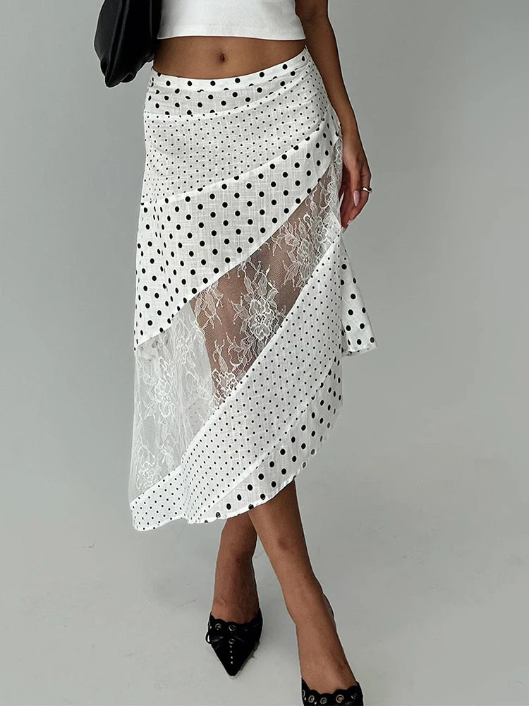 🍒Polka dot and lace skirt white high waist patchwork clothes  wear see through clothing fashion female summer wear casual streetwear women Be Transparent In Your Desire To Be Spotted