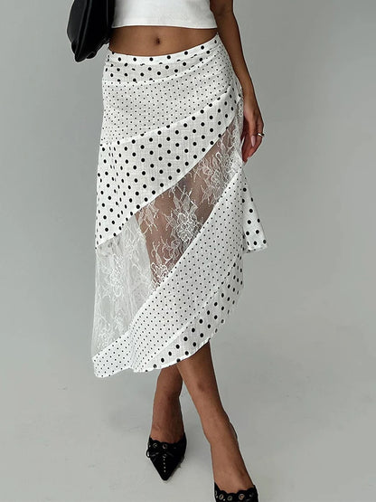 🍒Polka dot and lace skirt white high waist patchwork clothes  wear see through clothing fashion female summer wear casual streetwear women Be Transparent In Your Desire To Be Spotted