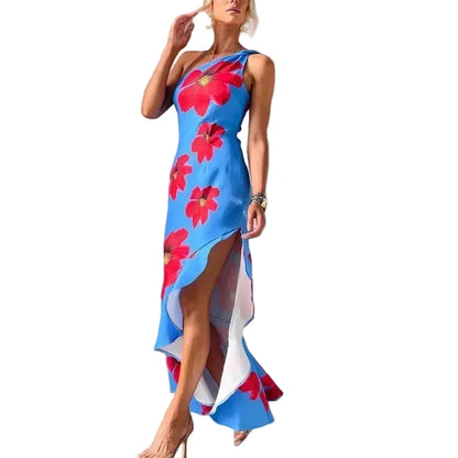 🍒One shoulder sleeveless dress summer fashion for women Irregular bohemian vacation outfits floral print fashion with ruffle hem outfits long   No Puff, Get Out Ruffs