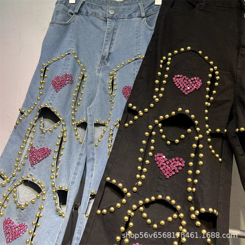 🍒Red diamond jeans embellished hollow heart Jeans for women loose wide leg denim trousers cool pants with rivets wHOLE HEARTedly made for you
