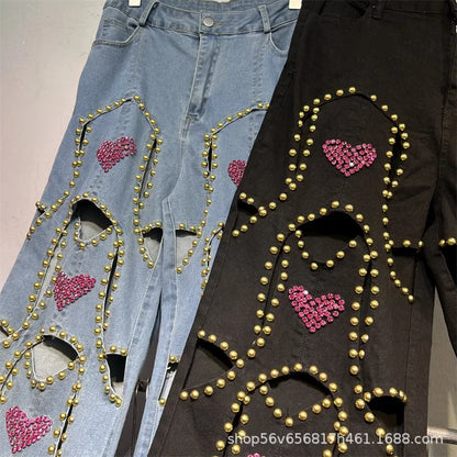 🍒Red diamond jeans embellished hollow heart Jeans for women loose wide leg denim trousers cool pants with rivets wHOLE HEARTedly made for you