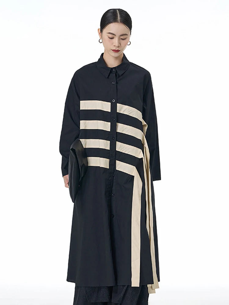 🍒black striped shirt dress women ribbon colour-block big size coat dress a-line with long sleeve and turn down collar fashion smart casual outwear Get A ZEBRA aCROSS a shirt dress cool thING