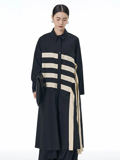 🍒black striped shirt dress women ribbon colour-block big size coat dress a-line with long sleeve and turn down collar fashion smart casual outwear Get A ZEBRA aCROSS a shirt dress cool thING