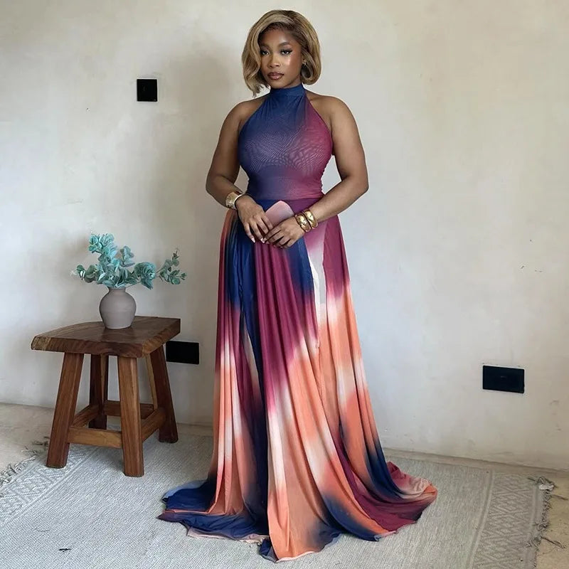 🍒Gradient dress halter neck  occasion partywear clothing sleeveless backless outfits for women pleated a-line long dress, Graceful Gradient