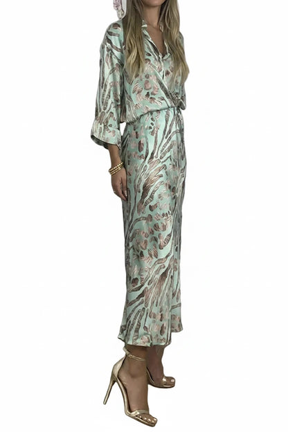 🍒Party two piece printed shirt and skirt set v-neck three quarter sleeve shirts for women high waist skirts for women two piece evening outfits female occasion clothing