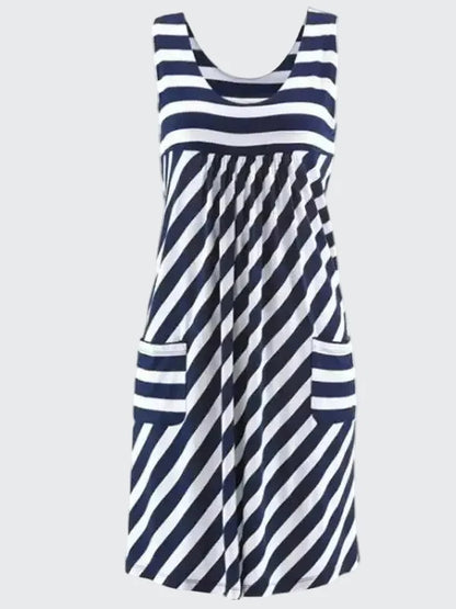 🍒时尚条纹连衣裙背心款式夏季套装，带口袋宽松无袖沙滩装，女式纯色服装，适合度假休闲装 SHORELY Sweet Stripes