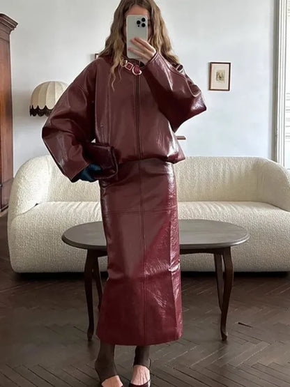 🍒Leather fashion jackets women skirt sets zipper loose coat wth stand up collar and straight midi skirt chic autumn party wear occasion wear smart casual clothing for women They Will Envy Your Leather