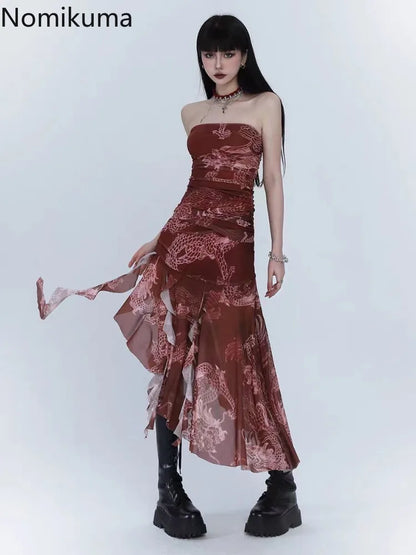🍒Womens print chiffon dress party occasion wear sleeveless outfit women summer wear clothes Irregular fashionwear Relax In Red Rebel