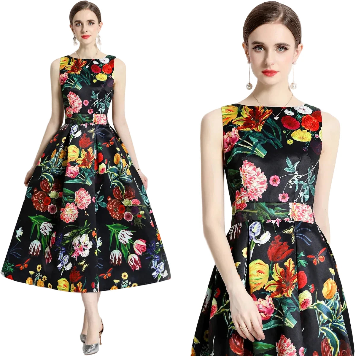 🍒Designer fashion dress floral print clothing vintage a line party wear outfit for women birthday dinner retro runway occasion wear  make ARRANGEMENTs for these FLOWERs