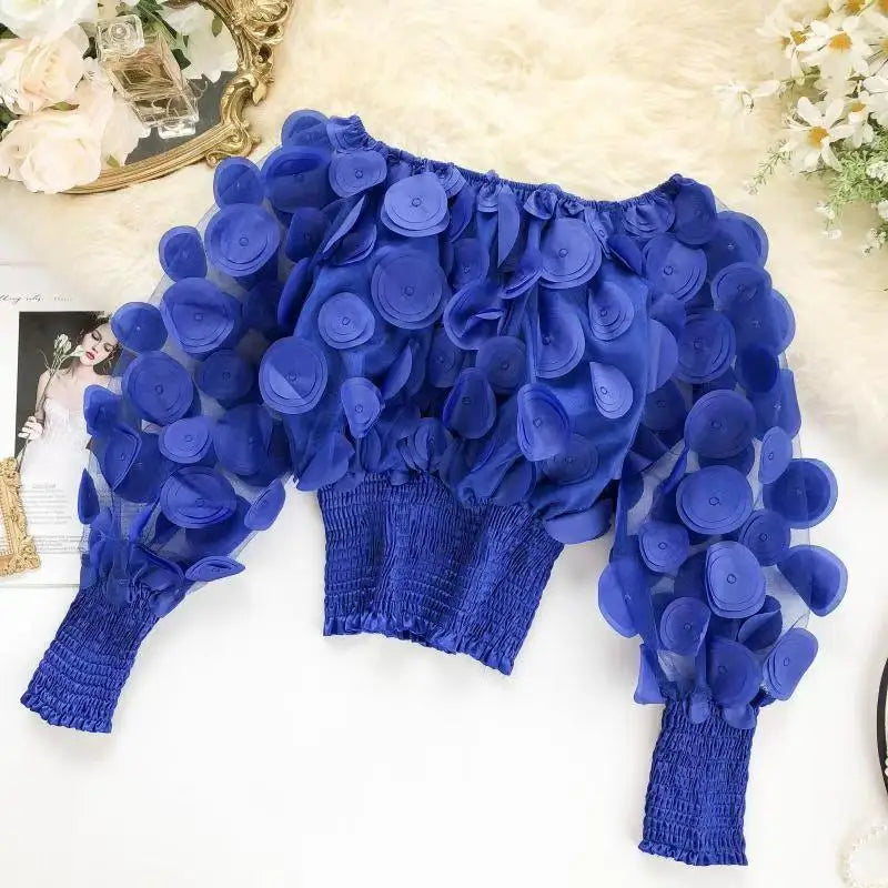 🍒Modern floral tops for women occasion shirred hem t-shirt design mesh patch long sleeve off the shoulder gigot Sleeve  bouse Y2k asthetic Hot Spot