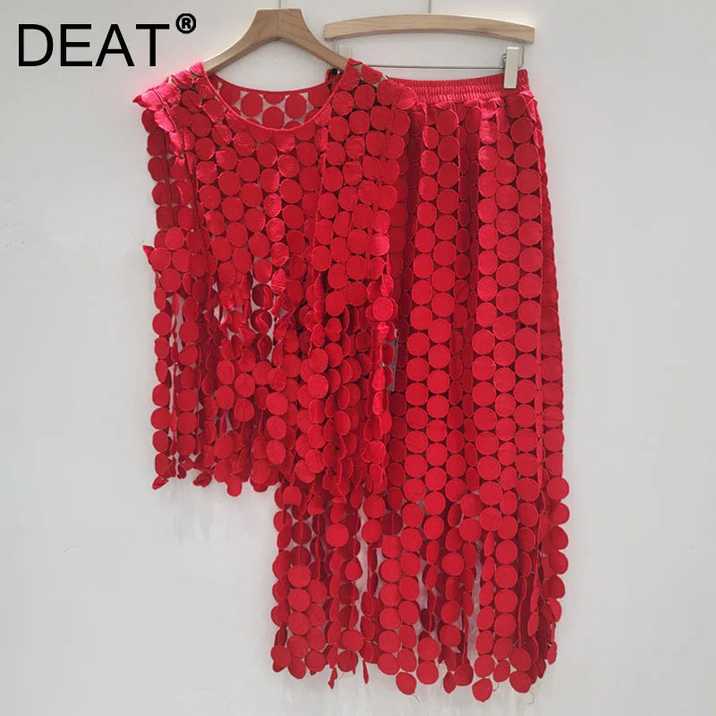 🍒Summer two-pieces set loose  lace vest and high waist elastic skirt smart casual women female occasion wear party outfit Get A Lot Dot