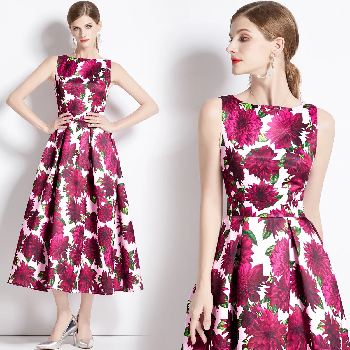 🍒Designer fashion dress floral print clothing vintage a line party wear outfit for women birthday dinner retro runway occasion wear  make ARRANGEMENTs for these FLOWERs