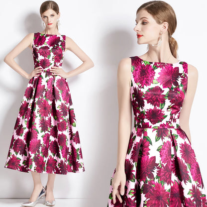 🍒Designer fashion dress floral print clothing vintage a line party wear outfit for women birthday dinner retro runway occasion wear  make ARRANGEMENTs for these FLOWERs