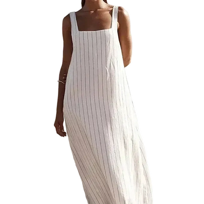 🍒Informele vierkantige maxi-rokstyl lang gestreepte uitrusting met smalbandjies, vierkantige nek, stranddrag, elegante los somersrok