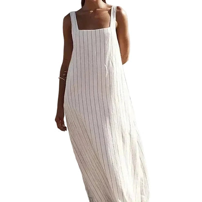 🍒Informele vierkantige maxi-rokstyl lang gestreepte uitrusting met smalbandjies, vierkantige nek, stranddrag, elegante los somersrok