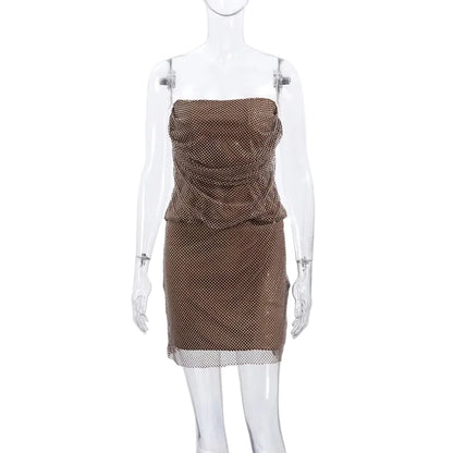 🍒Strapless vest top plus mini skirt sets womens pleated backless sleeveless tops short a-line skirts occasion party wear
