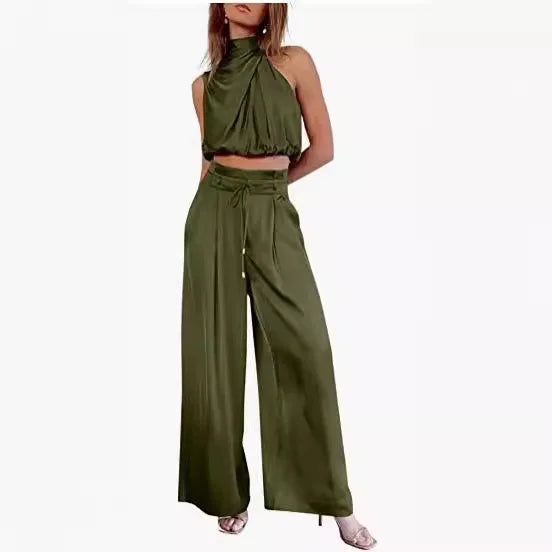 🍒Tweedelige broekpakke vir vroue oop naeltjie-uitrusting, syerige moulose tops en wye pypbroeke, slim gemaklike drag, somermode, klubdrag, partytjie-geleentheidsdrag, 2-stukstelle, trek hierdie GEKNIPTE top aan en wees GEREED vir WYE goedkeuring