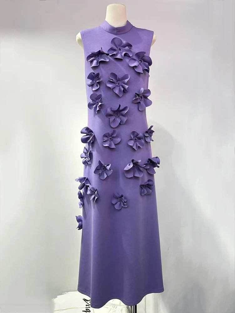 🍒Female evening dress 3D flower dress women sleeveless stand collar outfit maxi a-line occasion wear party wear fashion Always Have A-line Of Appliques In Your Armoire