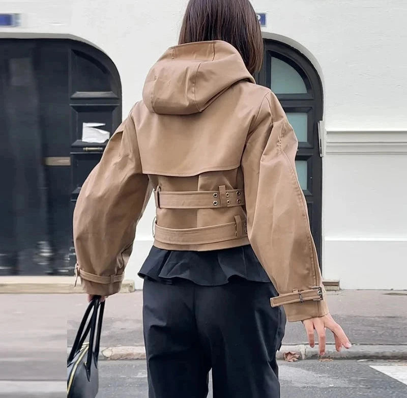 🍒Hooded trench coat women casual puff sleeve outerwear. double breasted belted cropped Jacket khaki fashion clothing                               2.long trench version  Travel Along Cool Double Belt
