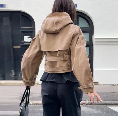 🍒Hooded trench coat women casual puff sleeve outerwear. double breasted belted cropped Jacket khaki fashion clothing                               2.long trench version  Travel Along Cool Double Belt