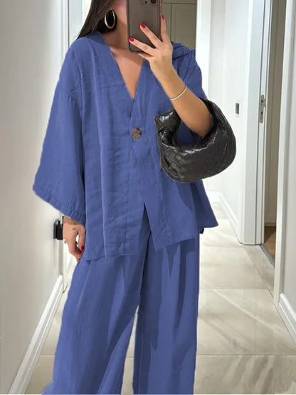 🍒Informele broekpak vir vroue, elegante langmou-uitrusting, enkelkleur wyebeenbroek en baadjie-stel, lente somer mode los tweestuk-partytjie-pajamas