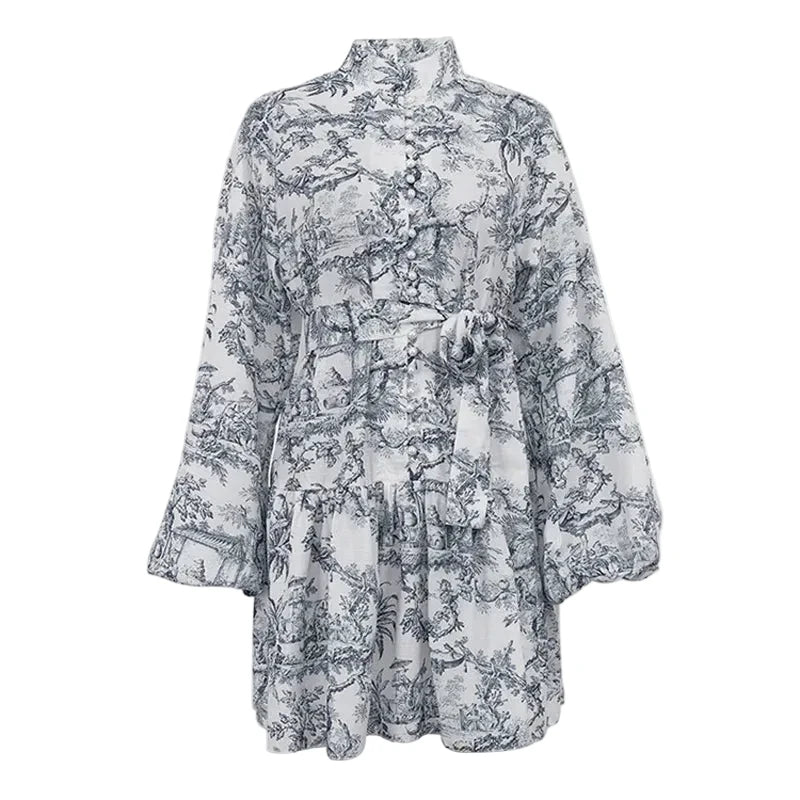 🍒Printed mini dress long sleeve clothes for hot weather o-neck outfit a line flare short china print smart casual female clothes fashion beach party wear holiday wear  Drink Cocktails In Your China