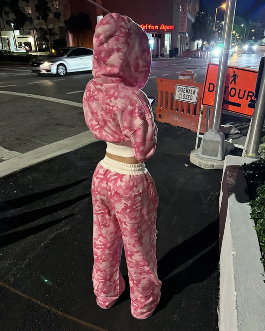 🍒粉色两件套运动服迷彩短款连帽衫女 Y2K时尚穿搭迷彩上衣加配套迷彩运动裤套装 为你的粉色迷彩而战