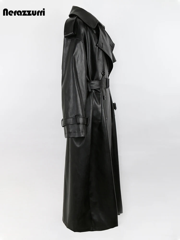 🍒 Lang oorgroot swart trenchcoat-kunsskaapleerbuitelaerdrag vir vroue dubbelbors-oorjas met gordel los slim-gemaklike buiteklere