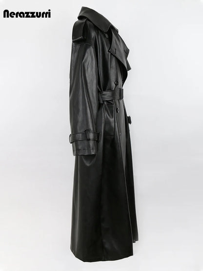 🍒 Lang oorgroot swart trenchcoat-kunsskaapleerbuitelaerdrag vir vroue dubbelbors-oorjas met gordel los slim-gemaklike buiteklere