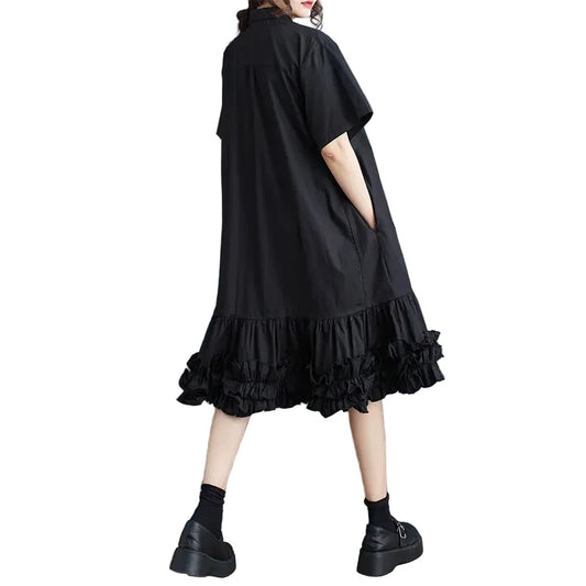 🍒Short sleeve oversized dress black cotton outfits for women casual summer wear loose long shirt dress smart casual clothing Short On Ruffles...Get This Short Ruffle