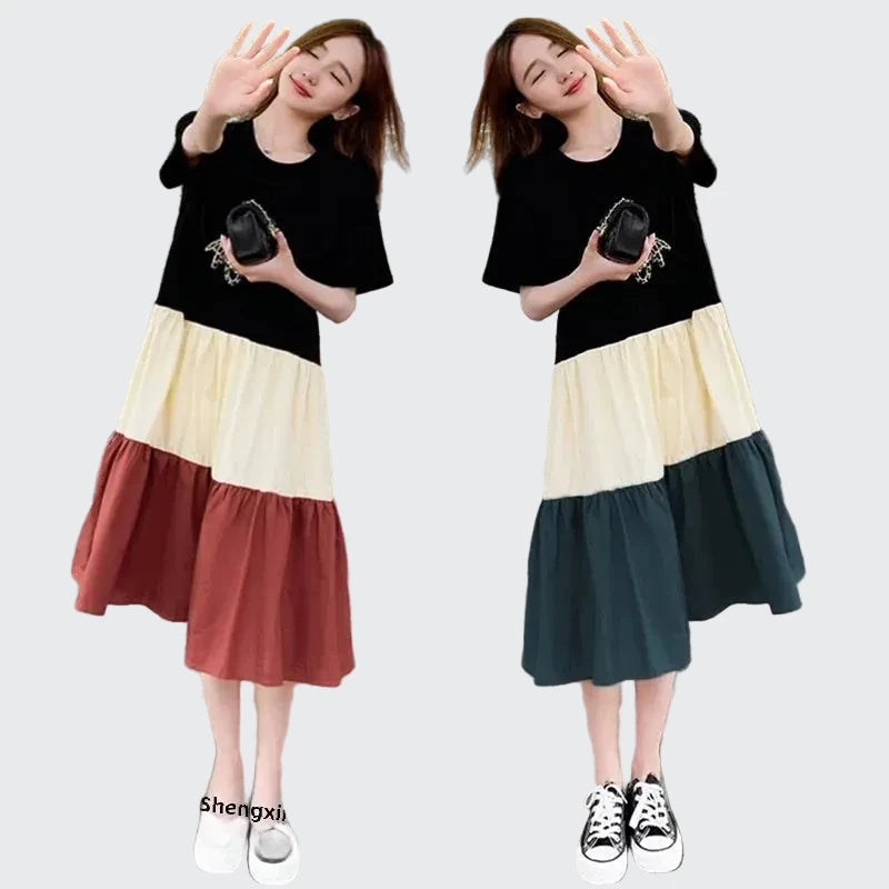 🍒T-shirt dress women colour block outfit loose fit plus size summer fashion stripe clothing stylish medium length over knee a-line fashion wear holiday wear Blocks Of Style