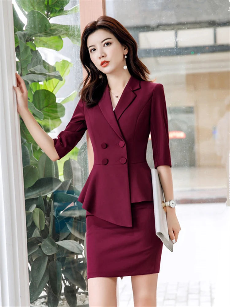 🍒Rooi 2-stuk damespak mode rompstel sakeklere kantoordrag ligte blazers vir vroue halfmou top en miniromp Berry Beautiful