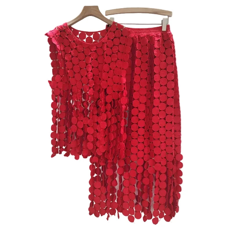 🍒Summer two-pieces set loose  lace vest and high waist elastic skirt smart casual women female occasion wear party outfit Get A Lot Dot