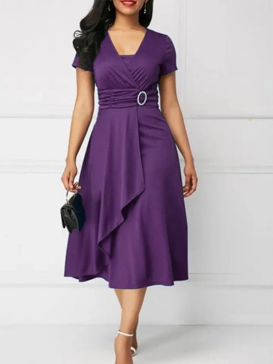🍒Summer dress solid high waist colour short sleeve outfit v-neck fashion with Asymmetric hem midi party wear evening occasion wear  Juicy Jewels