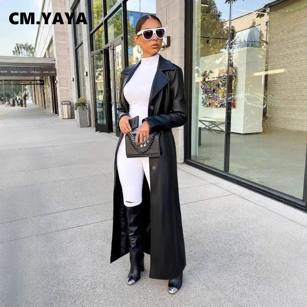 🍒Womens pu leather coat Long sleeve+trench extra long winter lapel fashion outerwear fashion work coat maxi Get A Long Look In Leather