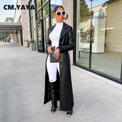 🍒Womens pu leather coat Long sleeve+trench extra long winter lapel fashion outerwear fashion work coat maxi Get A Long Look In Leather