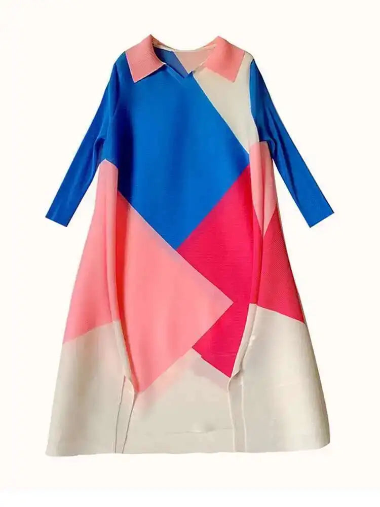 🍒Pleated dress long sleeves colour block outfit midi womens summer loose fashion autumn Clothes smart casual wear Diamond Dress