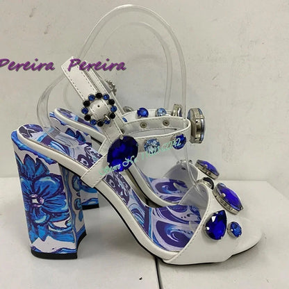 🍒Womens gem stone sandals classic colourful heels crystal open toe shoe chunky heel buckle strap high heels flower shoes designer footwear for women dress party shoes Gem Of A Shoe