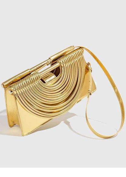 🍒Handwoven style Women's gold crossbody bag clutch handle occasion handbags smart casual strands pu material soft Texture triangle shape shoulder bag Strands Of Style