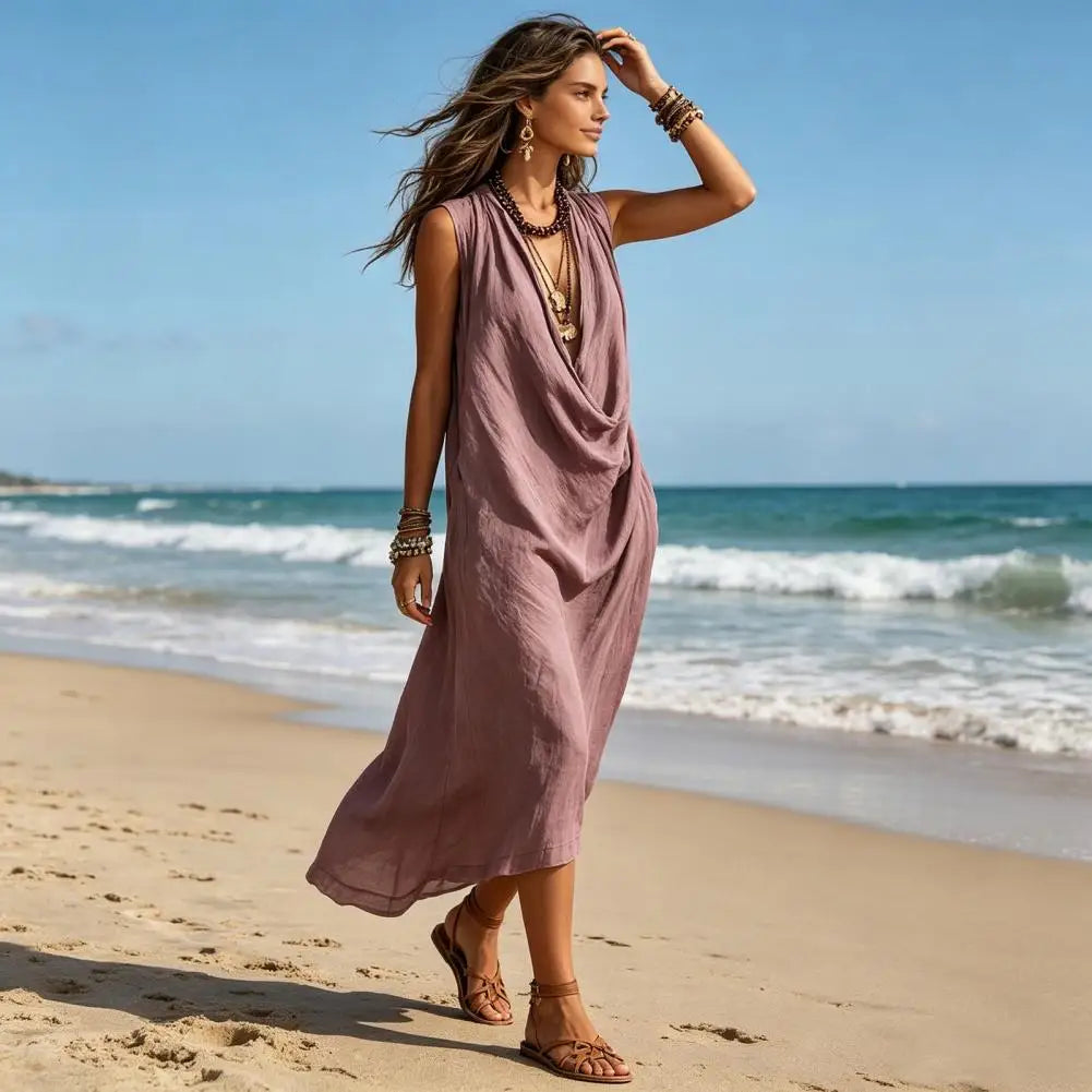 🍒A-line dress women v-neck outfits long draped neck summer wear sleeveless maxi outfit loose flowy casual fashion for holidays outfits vacation beach clothes Drapy Dream