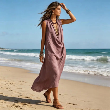 🍒A-line dress women v-neck outfits long draped neck summer wear sleeveless maxi outfit loose flowy casual fashion for holidays outfits vacation beach clothes Drapy Dream